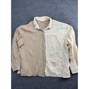 Bohme Shirt Womens XL White Tan Colorblock Gauze Button Front Long Sleeve Top